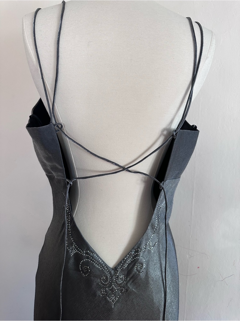 90s Y2K Iridescent Silver Prom Formal Dress Goth Fairy Sz S Lace Up Back - Picture 10 of 13